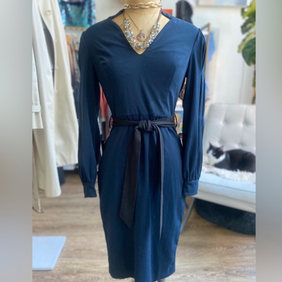 BADGLEY MISCHKA Navy Belted V-Neck Puff Sleeve Sheath Dress Size 2 - Picture 3 of 14